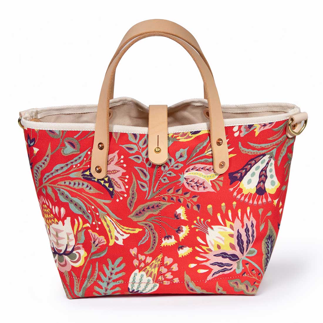 french country red floral mini tote with blonde leather handles