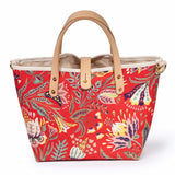 french country red floral mini tote with blonde leather handles
