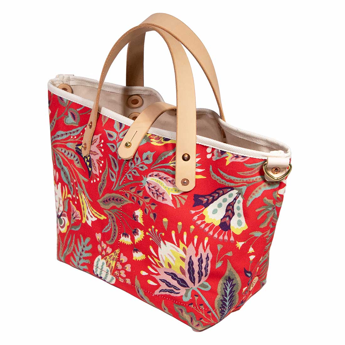 french country red floral mini tote with blonde leather handles