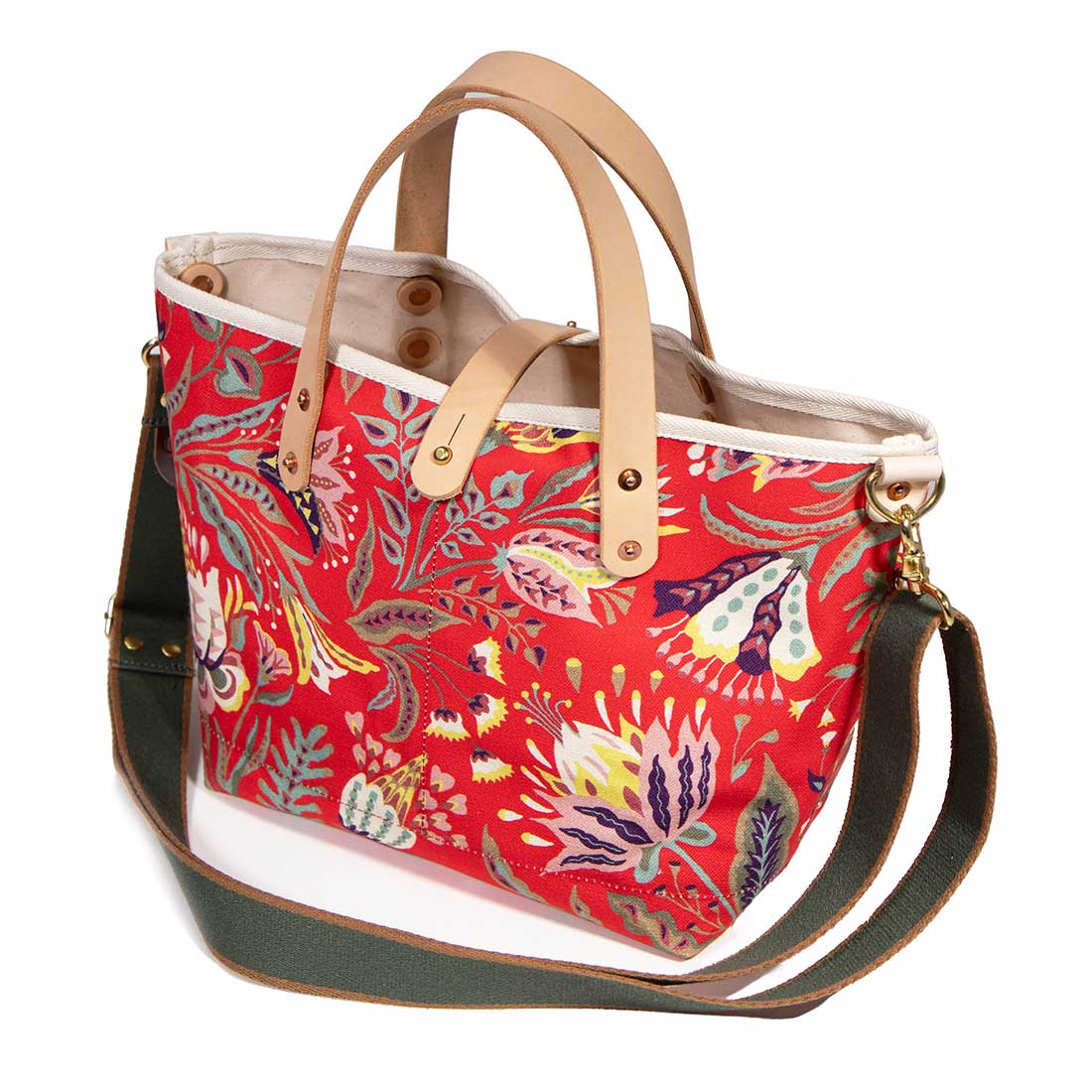 shoulder strap french country red floral mini tote with blonde leather handles
