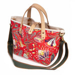 shoulder strap french country red floral mini tote with blonde leather handles