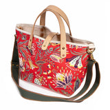 shoulder strap french country red floral mini tote with blonde leather handles
