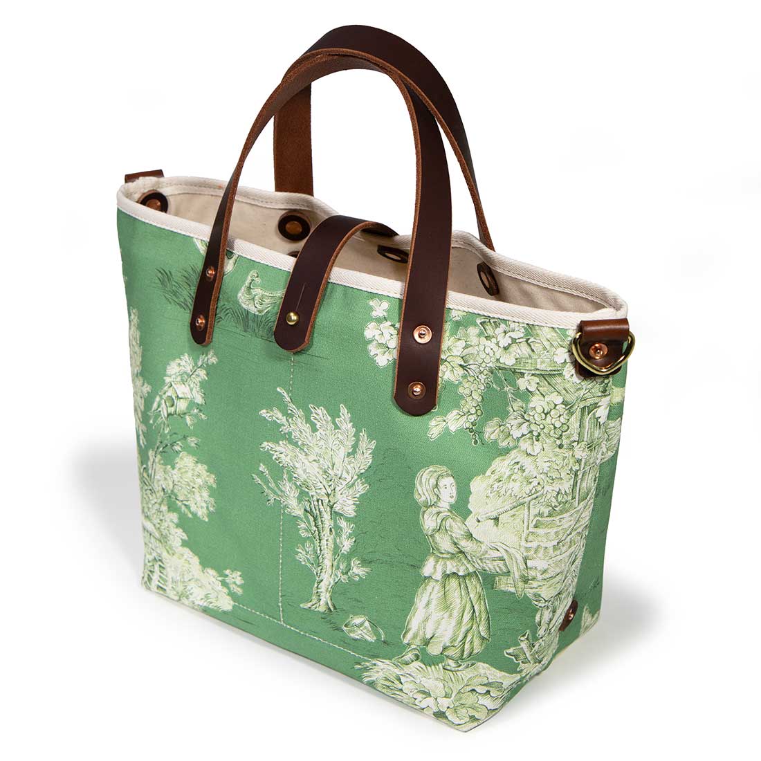 green toile mini tote with brown leather handles