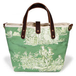 green toile mini tote with brown leather handles