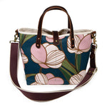shoulder strap floral print mini tote with brown leather handles