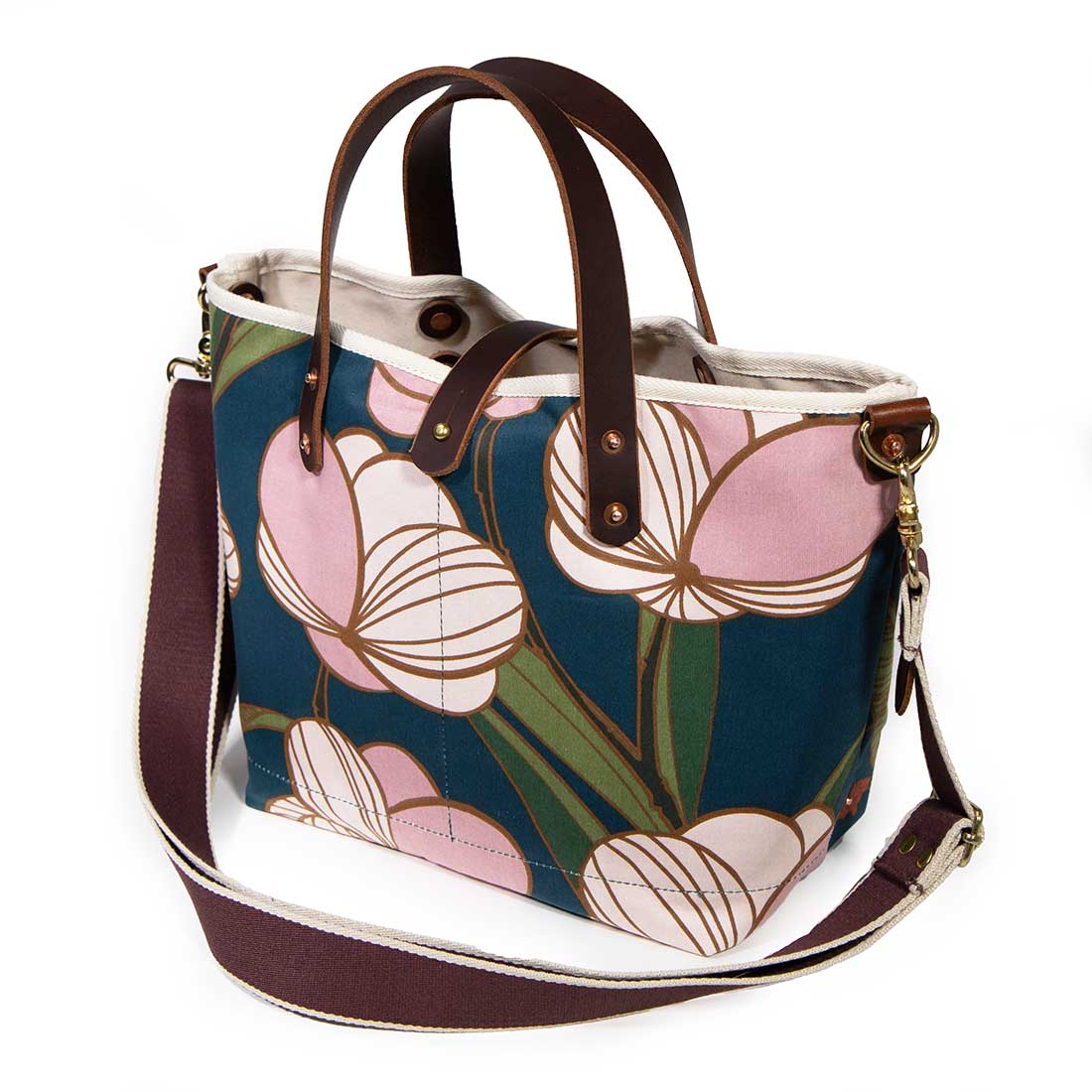 shoulder strap floral print mini tote with brown leather handles