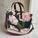 shoulder strap floral print mini tote with brown leather handles