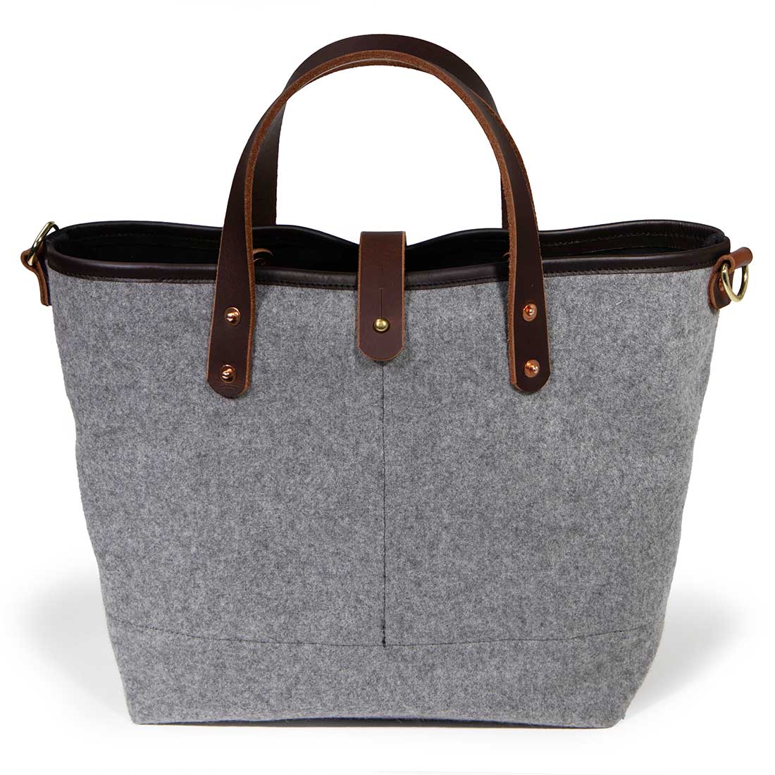 gray wool flannel mini tote with brown leather handles