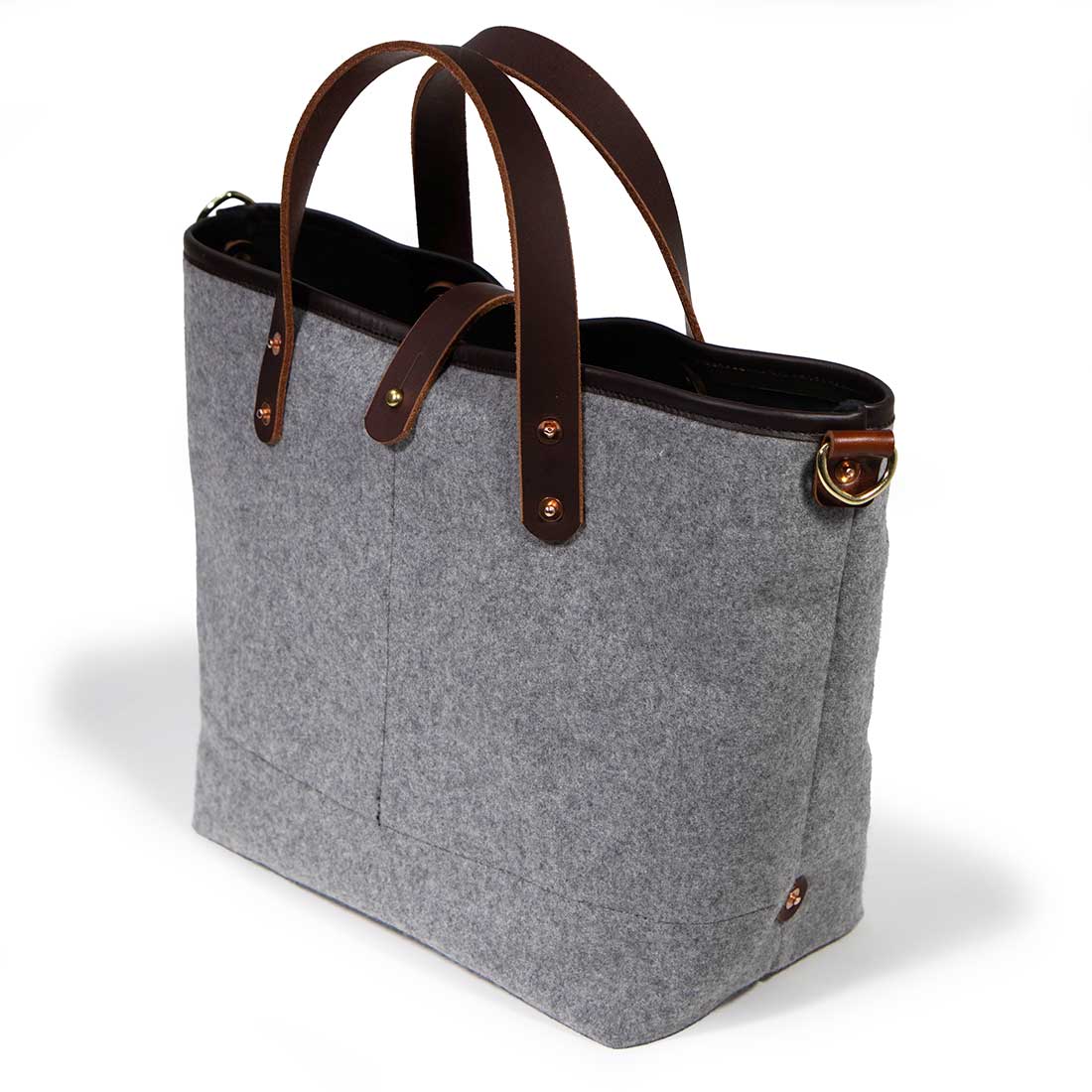 gray wool flannel mini tote with brown leather handles