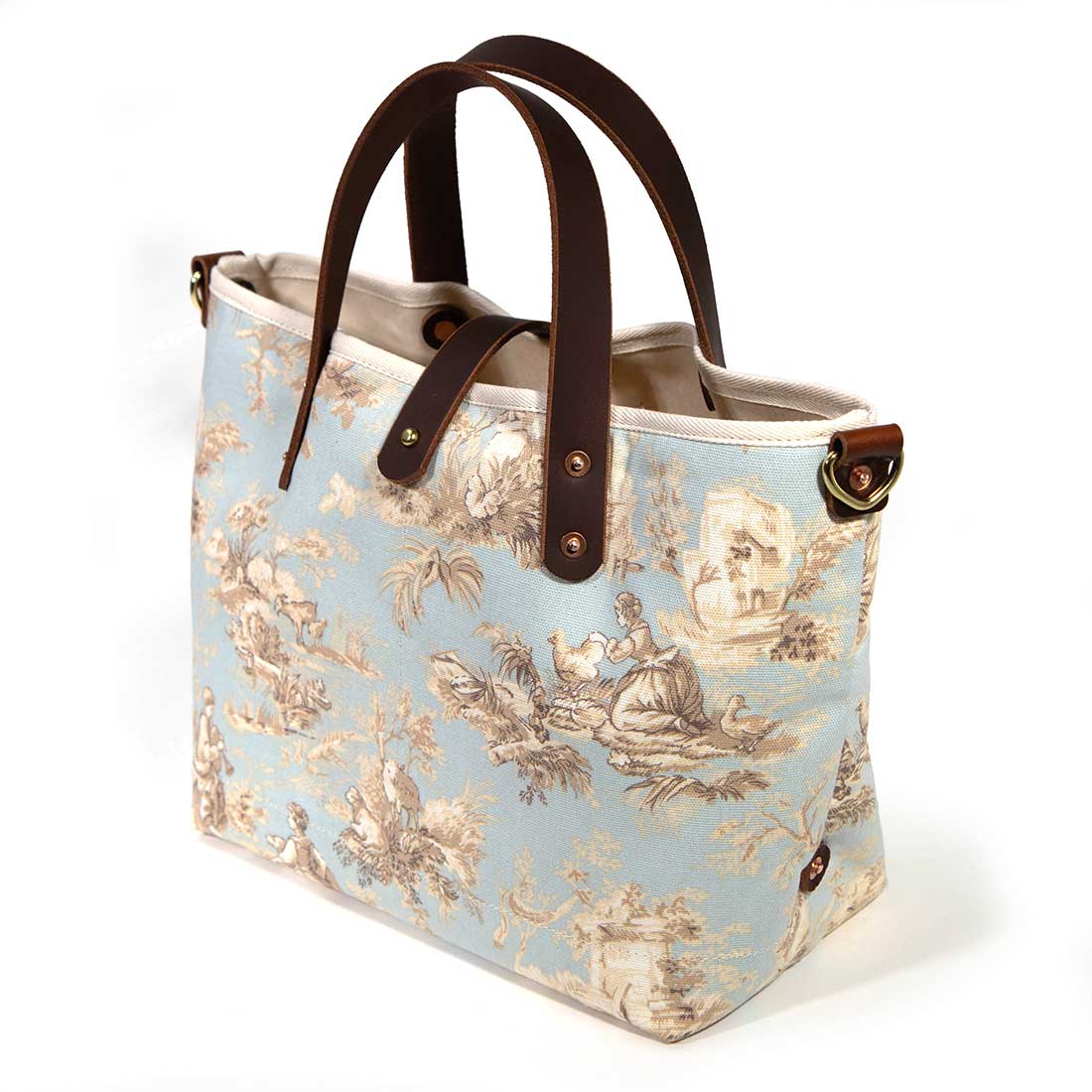 pale blue toile mini tote with brown leather handles