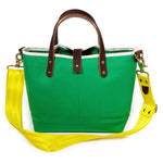 shoulder strap green canvas mini tote with brown leather handles
