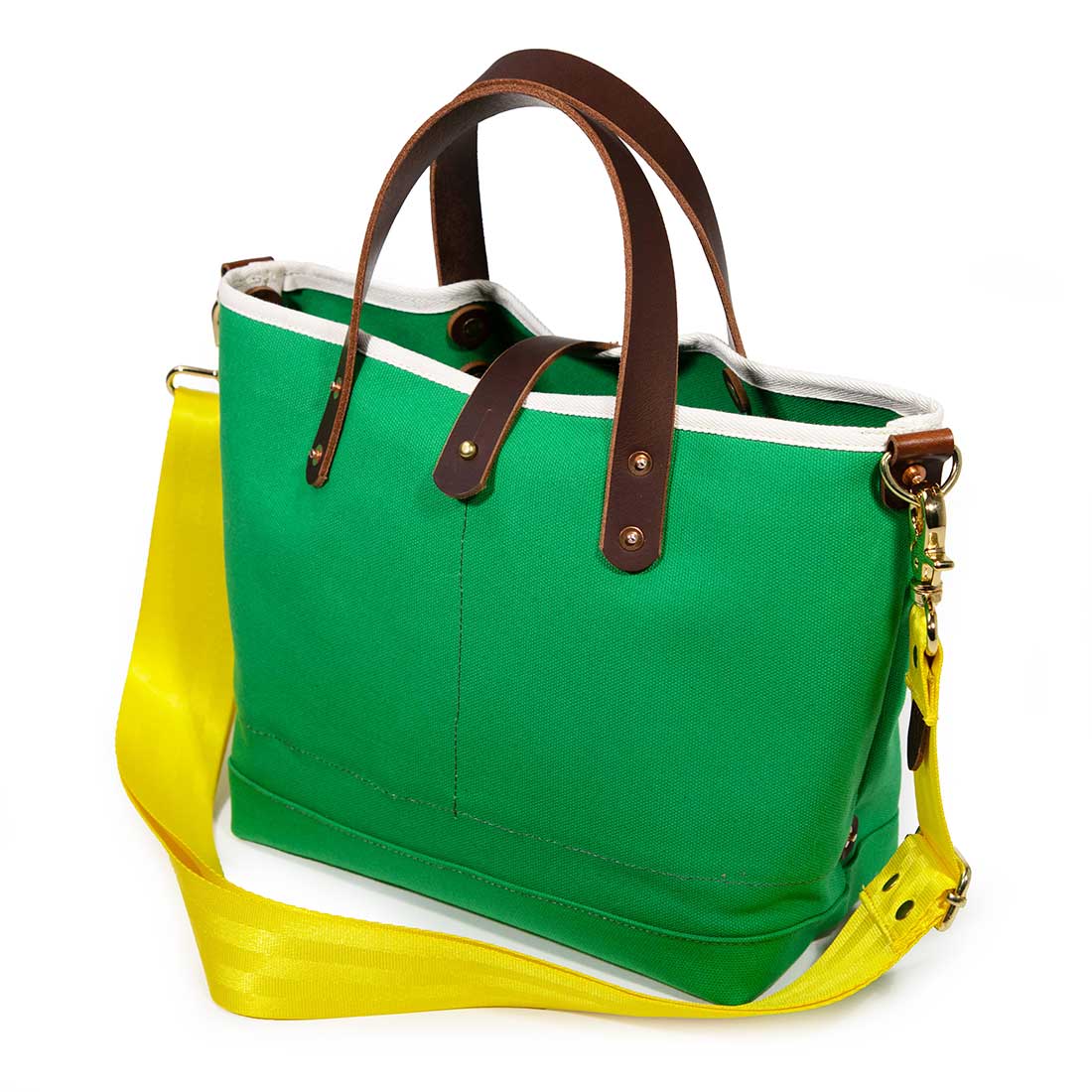 shoulder strap green canvas mini tote with brown leather handles