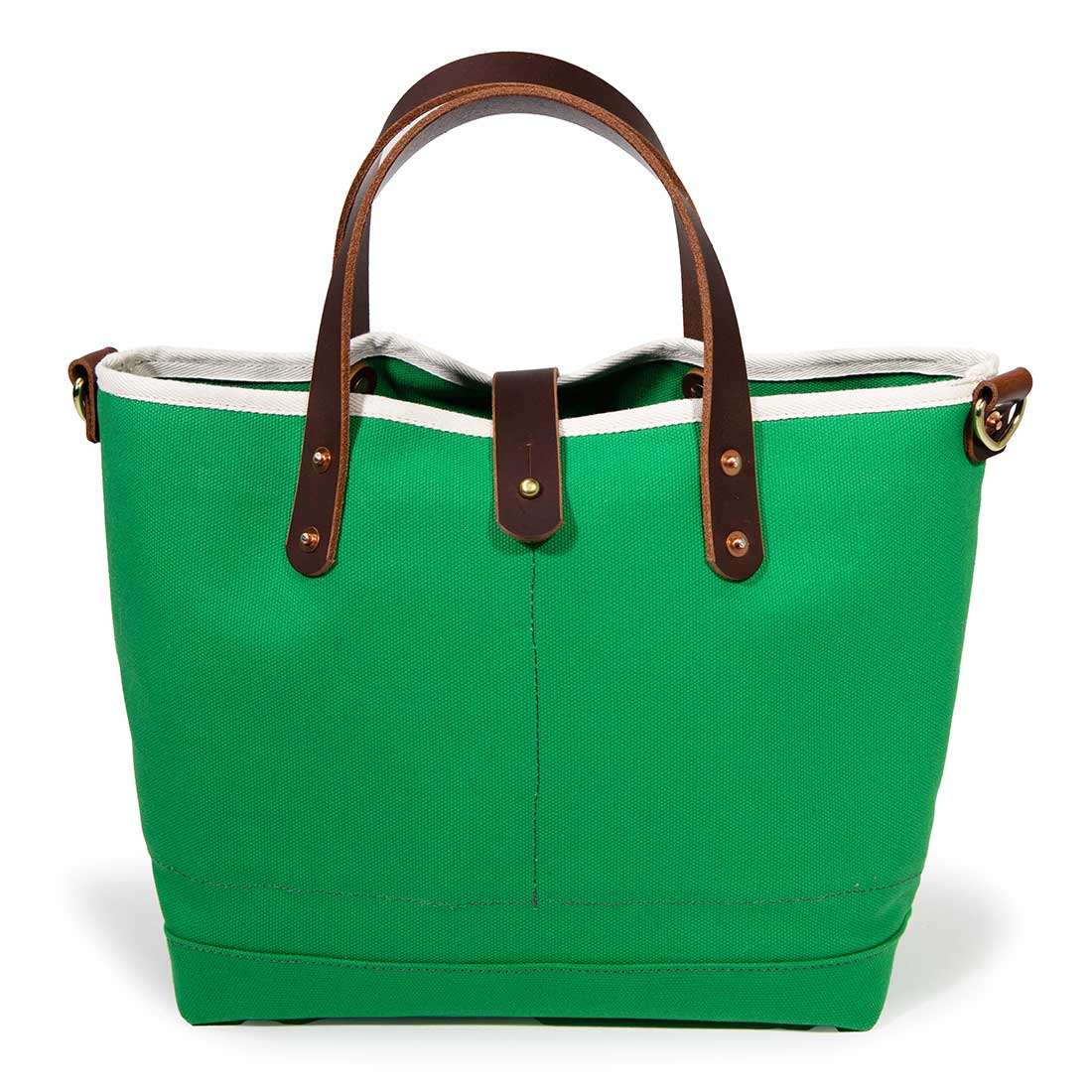 green canvas mini tote with brown leather handles