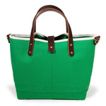 green canvas mini tote with brown leather handles