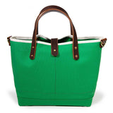 green canvas mini tote with brown leather handles