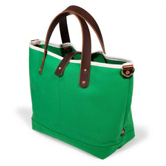 green canvas mini tote with brown leather handles