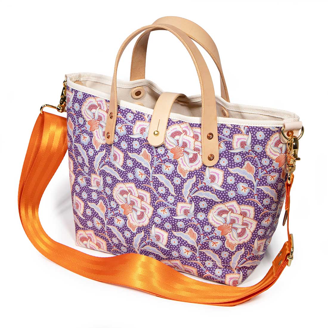 shoulder strap purple floral mini tote with blonde leather handles