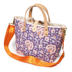 shoulder strap purple floral mini tote with blonde leather handles