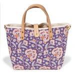 purple floral mini tote with blonde leather handles