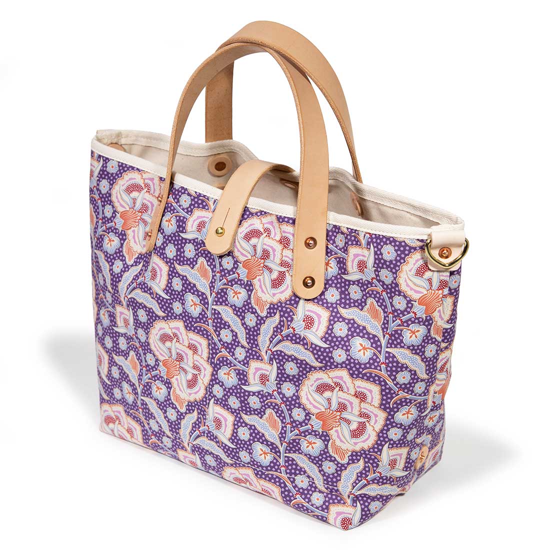 purple floral mini tote with blonde leather handles