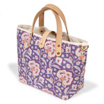 purple floral mini tote with blonde leather handles