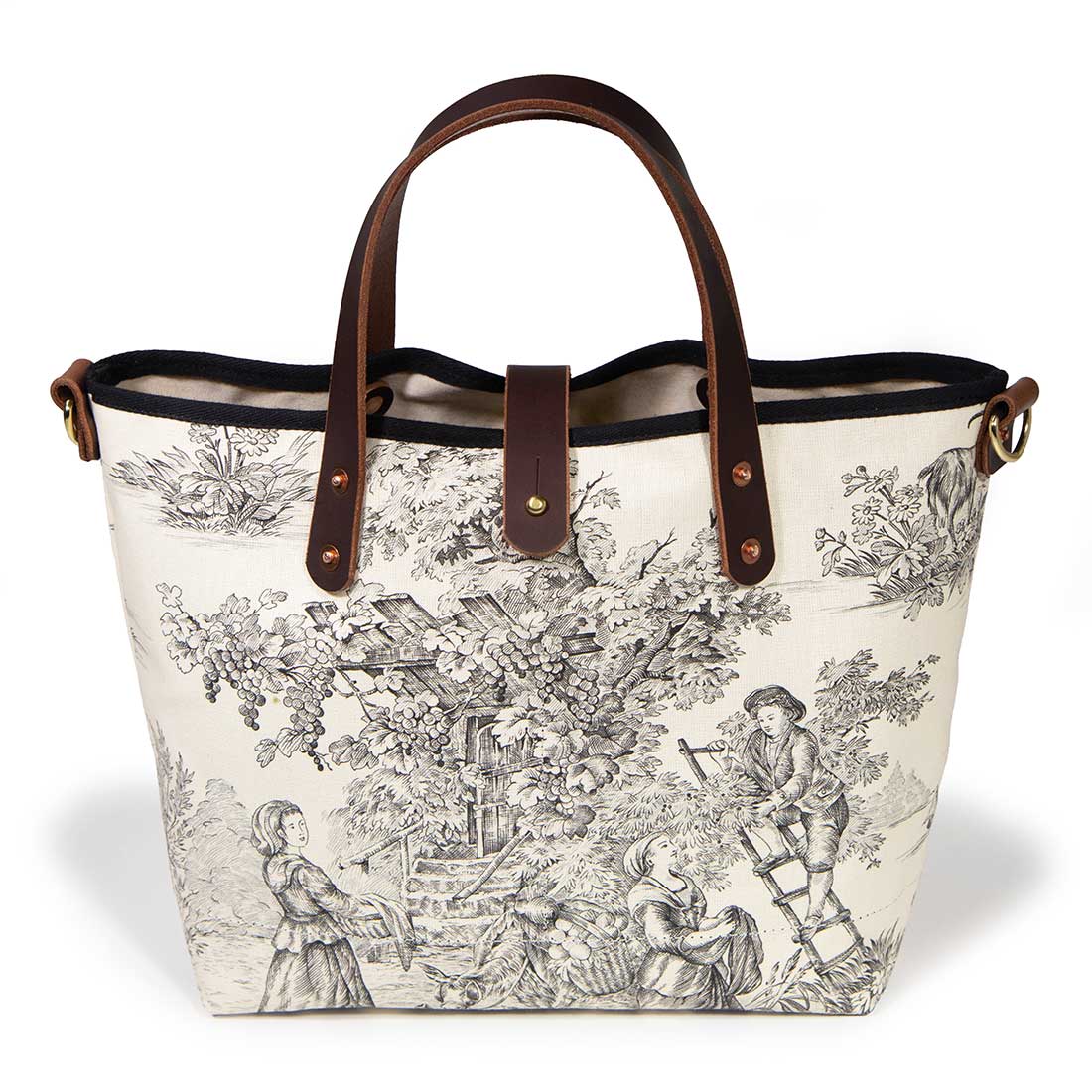 black and white toile mini tote with brown leather handles