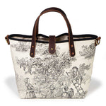 black and white toile mini tote with brown leather handles