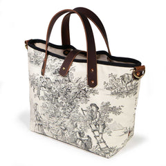 black and white toile mini tote with brown leather handles