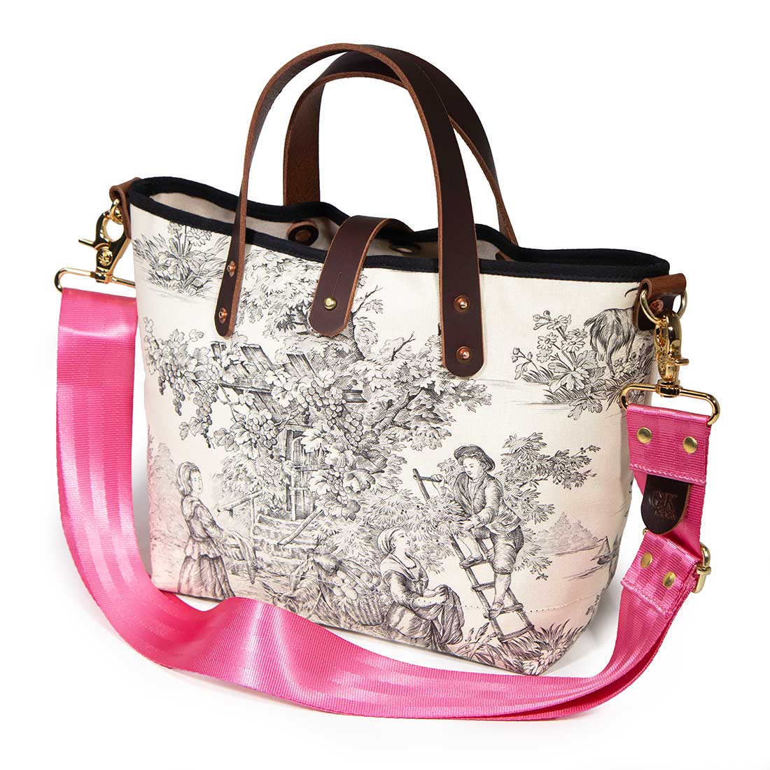 Shoulder strap black and white toile mini tote with brown leather handles