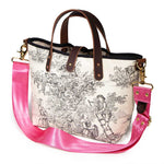 Shoulder strap black and white toile mini tote with brown leather handles