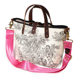 Shoulder strap black and white toile mini tote with brown leather handles