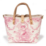 pink toile mini tote with blonde leather handles