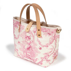 pink toile mini tote with blonde leather handles