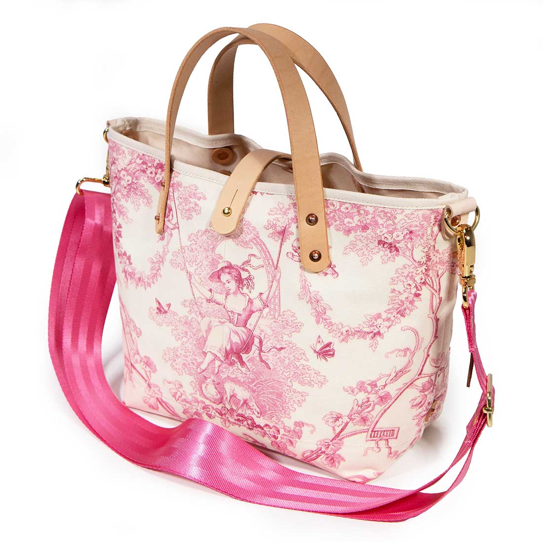Shoulder strap pink toile mini tote with blonde leather handles
