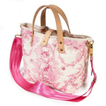 Shoulder strap pink toile mini tote with blonde leather handles