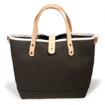 olive canvas mini tote with blonde leather handles