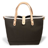 olive canvas mini tote with blonde leather handles