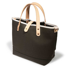 olive canvas mini tote with blonde leather handles