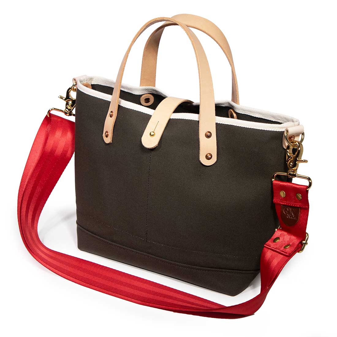shoulder strap olive canvas mini tote with blonde leather handles