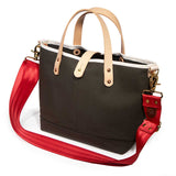 shoulder strap olive canvas mini tote with blonde leather handles