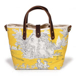 Yellow toile mini tote with brown leather handles