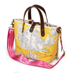 shoulder strap Yellow toile mini tote with brown leather handles