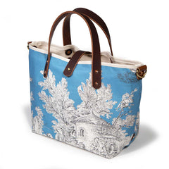 blue toile mini tote with brown leather handles