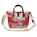 Shoulder strap red and light blue patchwork toile mini tote with brown leather handles