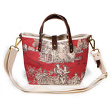 Shoulder strap red and light blue patchwork toile mini tote with brown leather handles