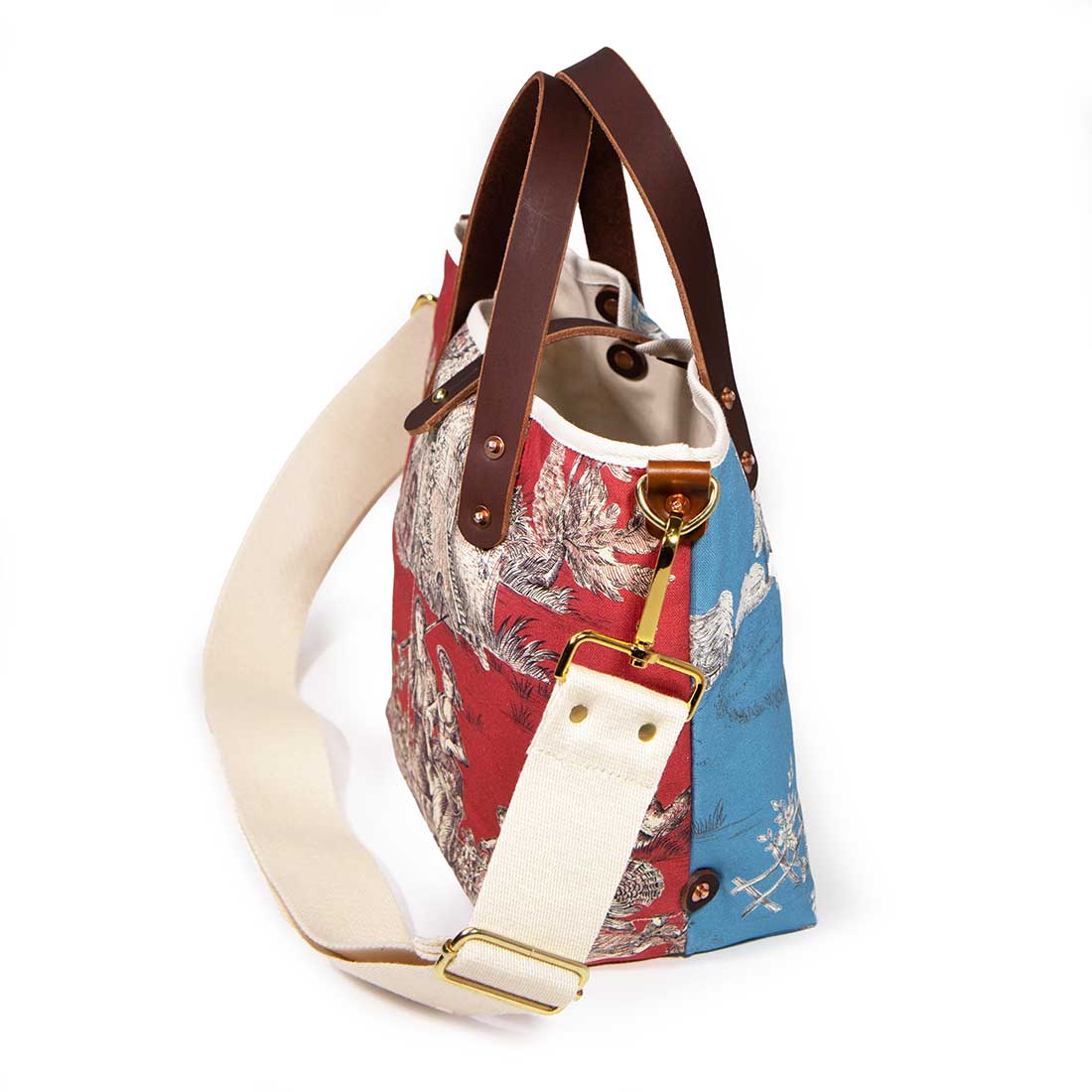 Shoulder strap red and light blue patchwork toile mini tote with brown leather handles