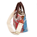 Shoulder strap red and light blue patchwork toile mini tote with brown leather handles