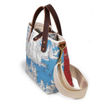 Shoulder strap red and light blue patchwork toile mini tote with brown leather handles