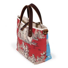 red and light blue patchwork toile mini tote with brown leather handles