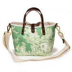 Shoulder strap Mini tote with sunshine yellow and emerald toile patchwork and brown leather handles